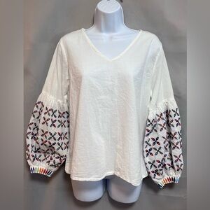 Jennifer & Grace Women Long Sleeves Blouse Cotton Embroidered V-Neck‎ Sz Medium